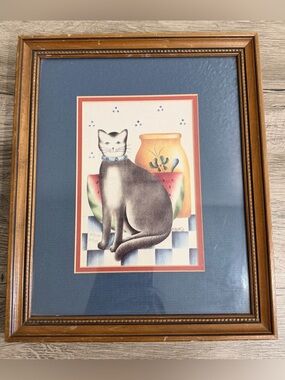 Vintage Country Folk Art Theorem Framed Painting Print of Cat Signed M. Ross